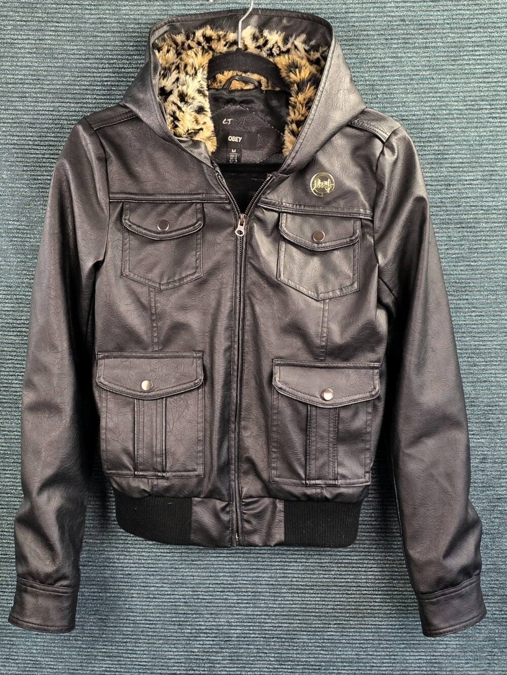 Vintage Y2K Obey Faux Leather Bomber Jacket With Cheetah Lined Hood